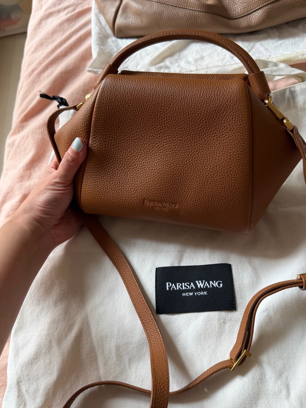 Parisa Wang Tan Pebbled Leather Top-Handle Crossbody - Picture 2 of 4